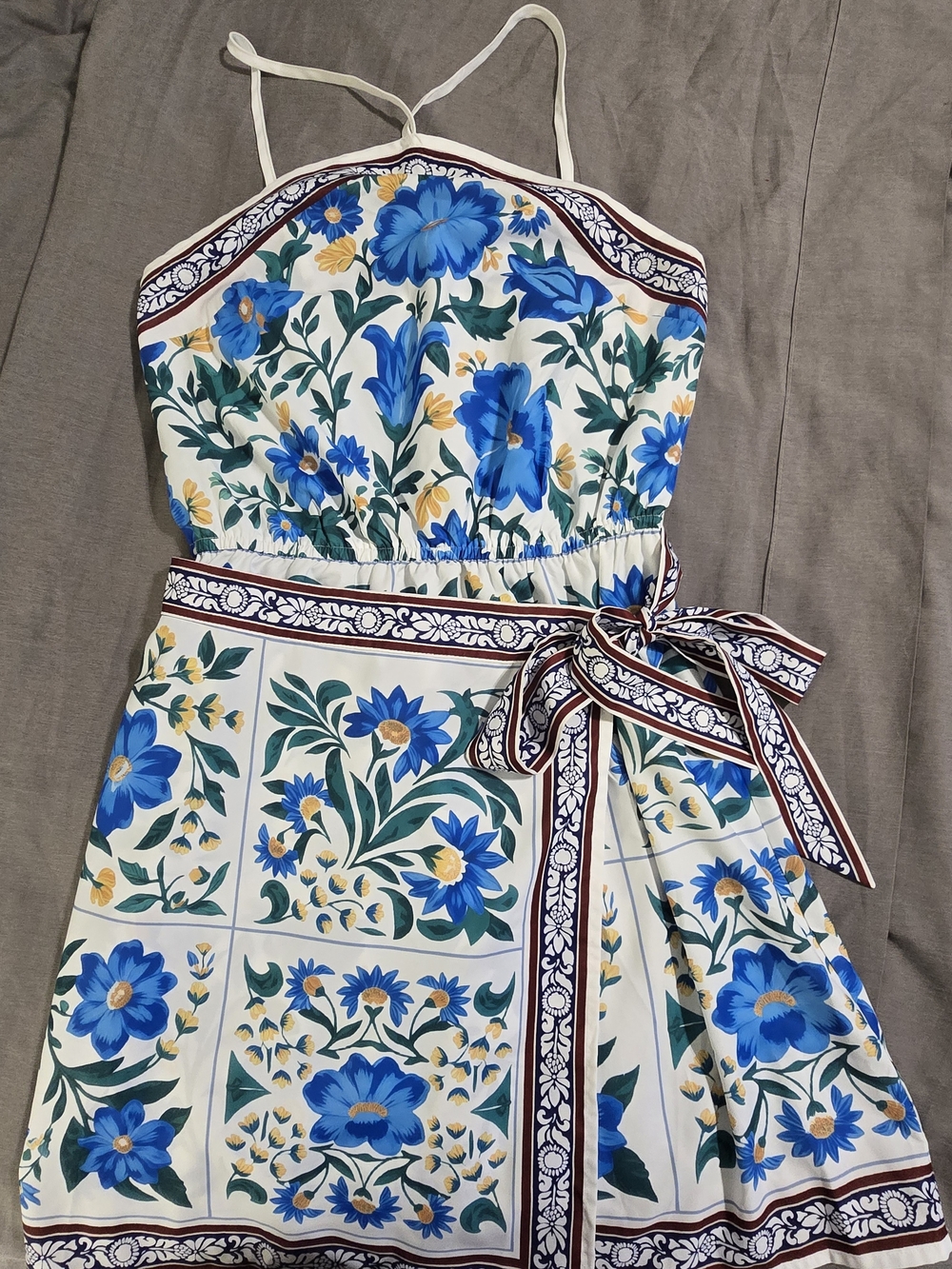 Floral Blue Tile Print Sundress with Waist Tie